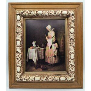 Vintage Framed Print on Cardboard Of The Attentive Nurse By Chardin